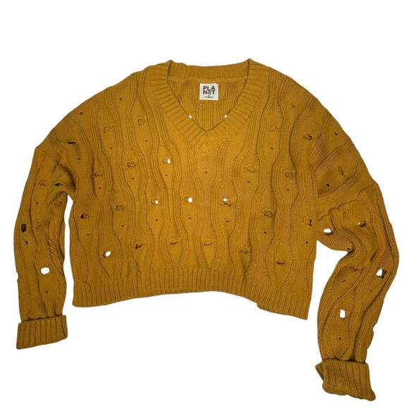 NWOT PLANET by Lauren G Pima Cotton “Moth” VNeck Sweater in mustard one size - Picture 5 of 10